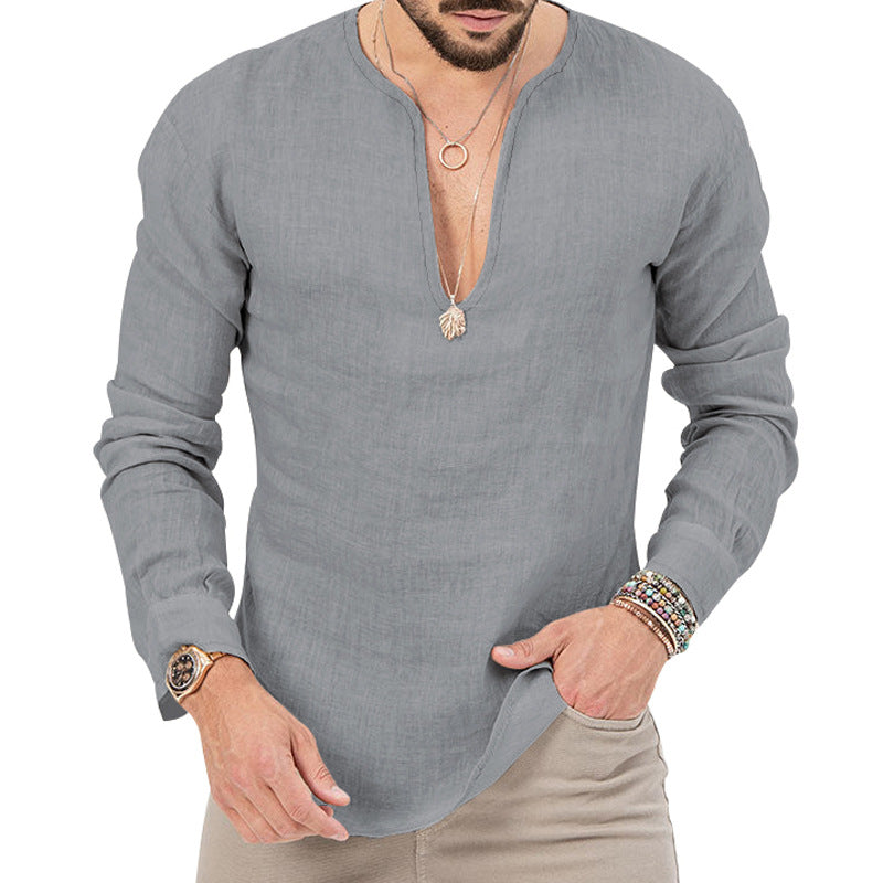 Men's relaxed linen tunic shirt with open slit collar and rounded hem Mune Fashion