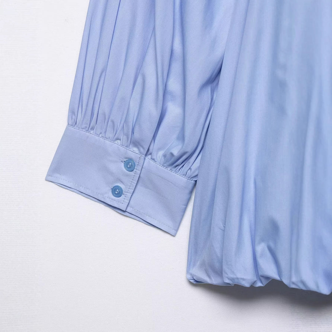 Women's Oversize Shirt Blouse with Pleats, Balloon Sleeves and Ruffled Hem Mune Fashion