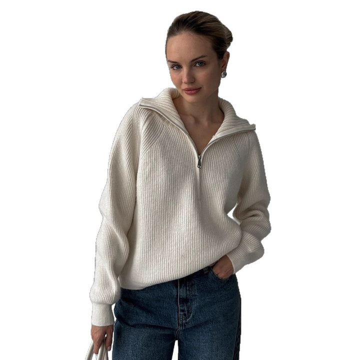 Women Ribbed Wool Blend Pullover with Half Zipper and Wide Stand-Up Collar Mune Fashion