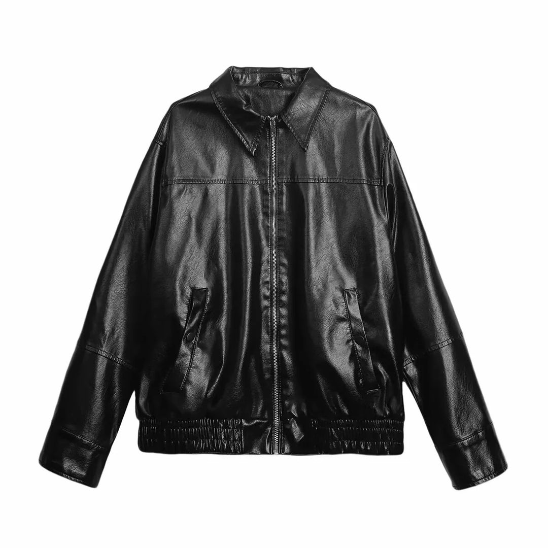 Women nan oversized smooth leather look blouson with shirt collar, all-over zipper and elastic waistband Mune Fashion