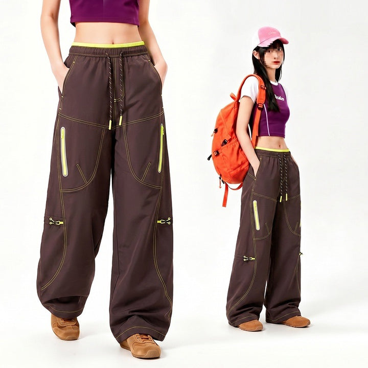 Women's Oversize Tech Lounge Pants with Contrast Seams, Reflective Zipper Pockets & Drawstring Waist Mune Fashion