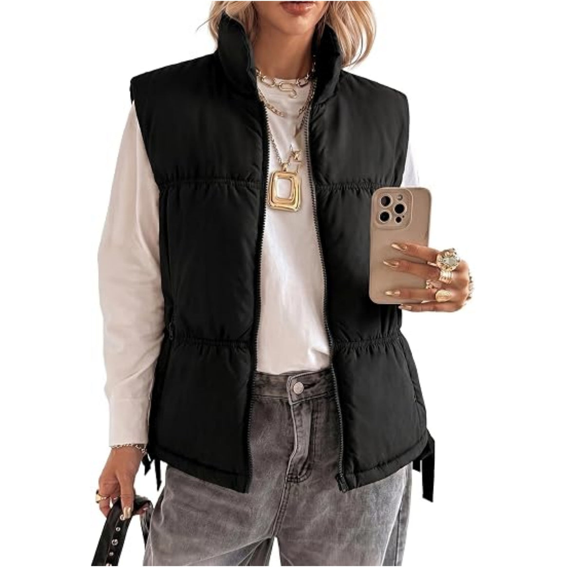 Women’s Padded Sleeveless Vest with Stand-Up Collar and Drawstring Mune Fashion