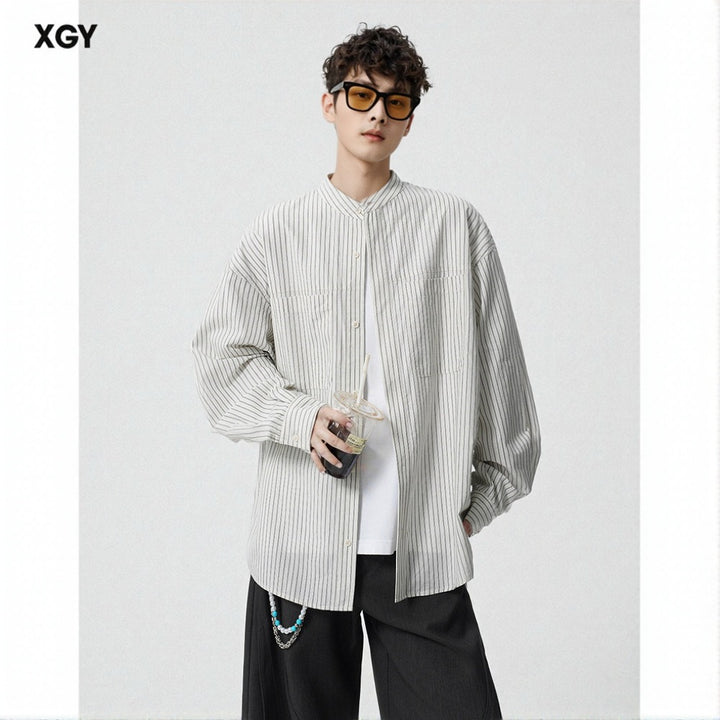 Men's Oversized Shirt with Standing Collar and Fine Pinstripe Mune Fashion