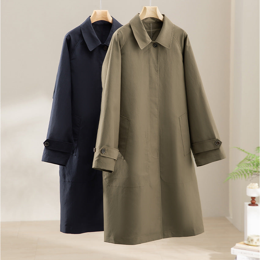 Women Mid-Length Trench Coat with concealed snap placket and adjustable cuffs Mune Fashion