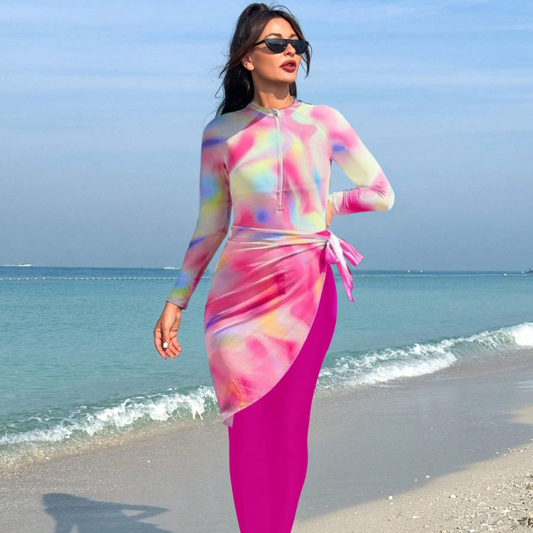 Ladies Sporty Long Sleeve Swimsuit with Wrap Skirt Mune Fashion