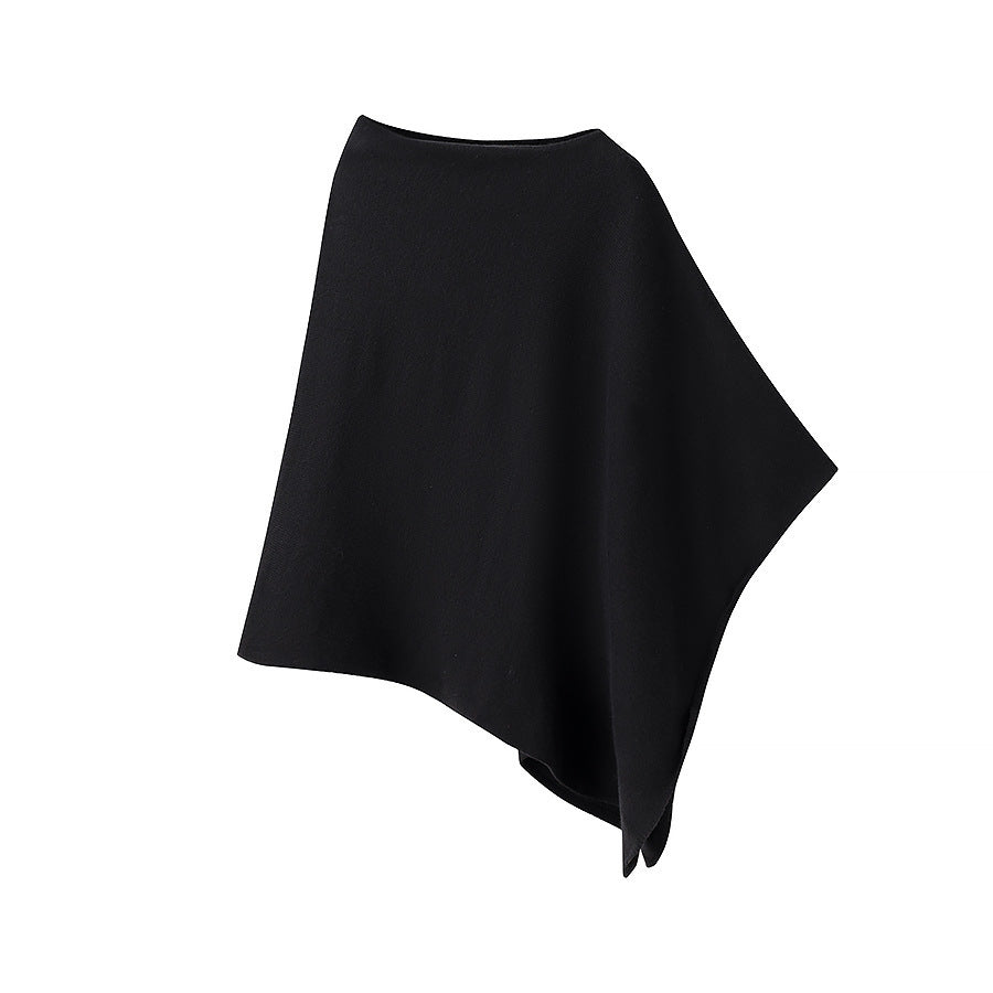 Women's Light Knitted Poncho with Asymmetrical Hem and Boat Neck Mune Fashion