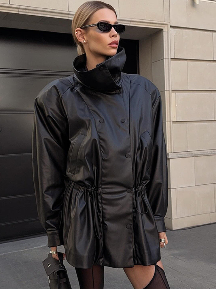 Women Oversize Faux Leather Parka with High Stand Collar and Adjustable Drawstring Mune Fashion