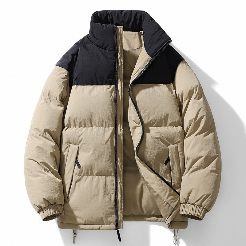Men's Padded Quilted Jacket with High Collar, Drawstring Hem and Contrast Panel Mune Fashion