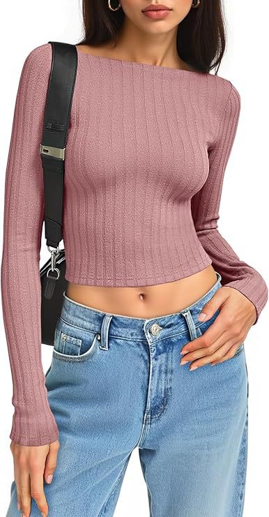 Women's Fitted Ribbed Cropped Long Sleeve with Boat Neck and Stretch Cotton Blend Mune Fashion