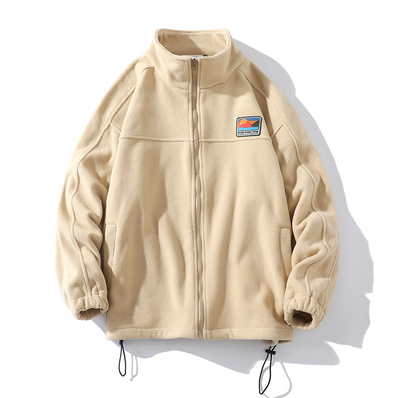 Men's fleece jacket with stand-up collar, full zip, elastic drawstring, and badge patch Mune Fashion