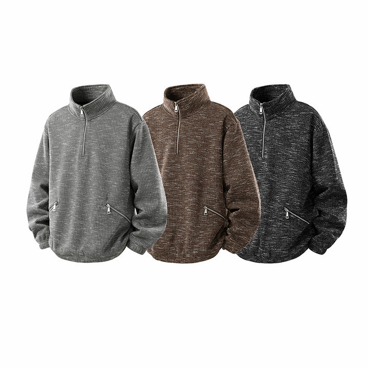 Men's Oversized Knit Look Half-Zip Sweater with Stand-Up Collar and Zip Pockets Mune Fashion