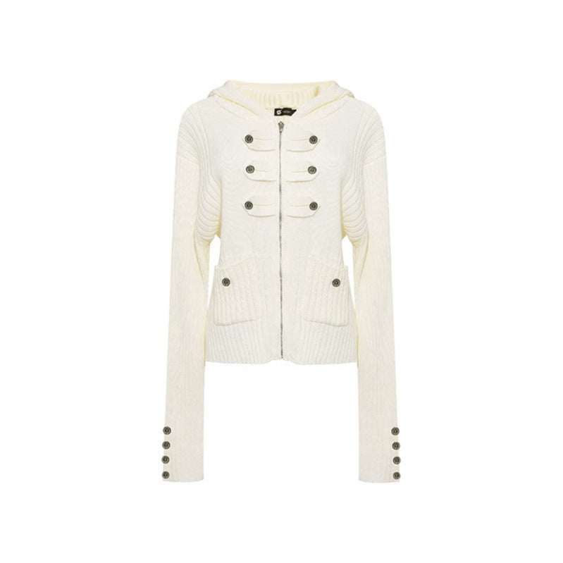 Women's ribbed hooded cardigan with zipper, decorative button placket and patch pockets Mune Fashion