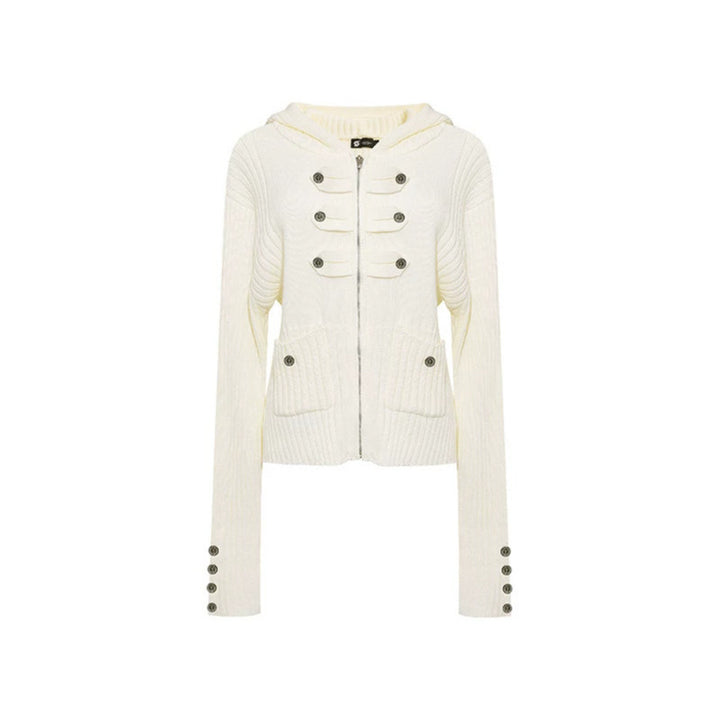 Women's ribbed hooded cardigan with zipper, decorative button placket and patch pockets Mune Fashion