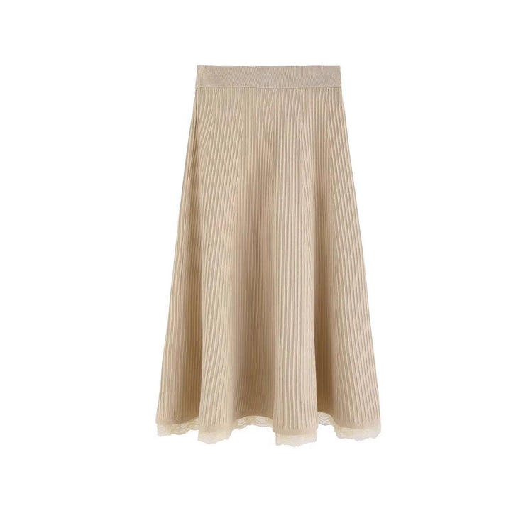Ladies Long Knit Skirt with Delicate Lace Trim Mune Fashion