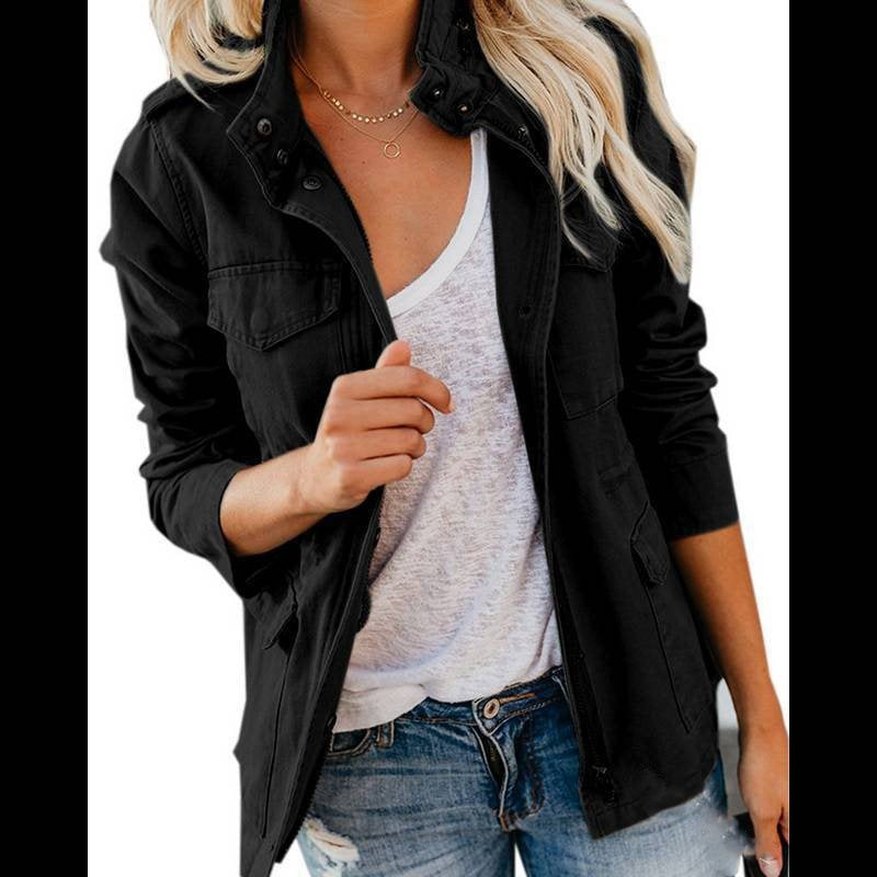 Women’s utility field jacket with stand-up collar, patch pockets and waist drawstring Mune Fashion