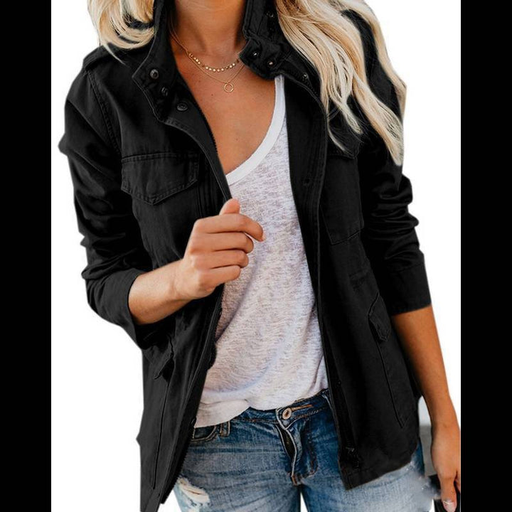 Women’s utility field jacket with stand-up collar, patch pockets and waist drawstring Mune Fashion