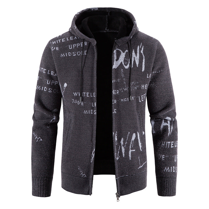 Men's knitted hooded jacket with full-length zipper, graphic all-over print, and side pockets Mune Fashion