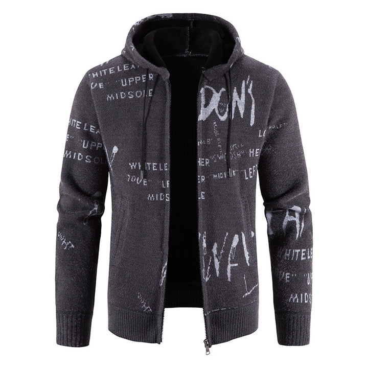 Men's knitted hooded jacket with full-length zipper, graphic all-over print, and side pockets Mune Fashion