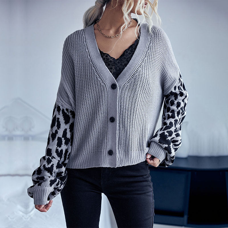 Women's Oversize Knit Cardigan with Leopard Pattern Sleeves and V-Neck Mune Fashion