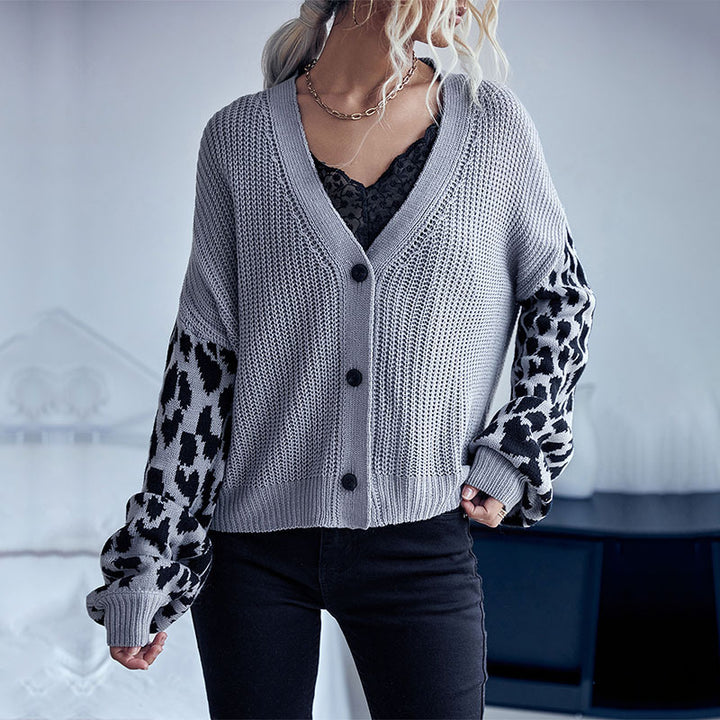 Women's Oversize Knit Cardigan with Leopard Pattern Sleeves and V-Neck Mune Fashion