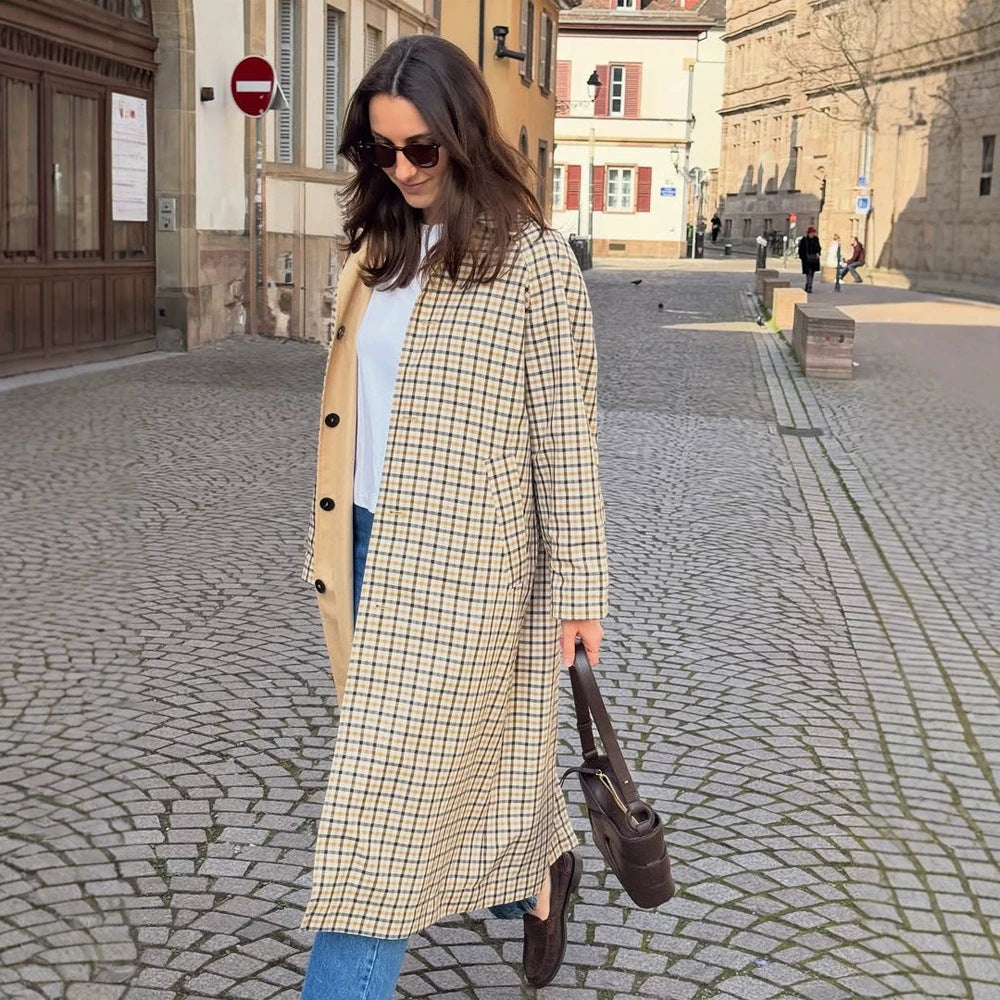 Women’s Maxi Long Checked Wool Blend Coat with Straight Silhouette Mune Fashion