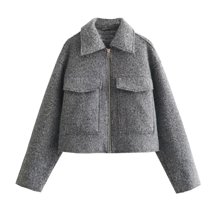 Women's Short Wool-Look Boxy Jacket with Zipper and Flap Pockets Mune Fashion