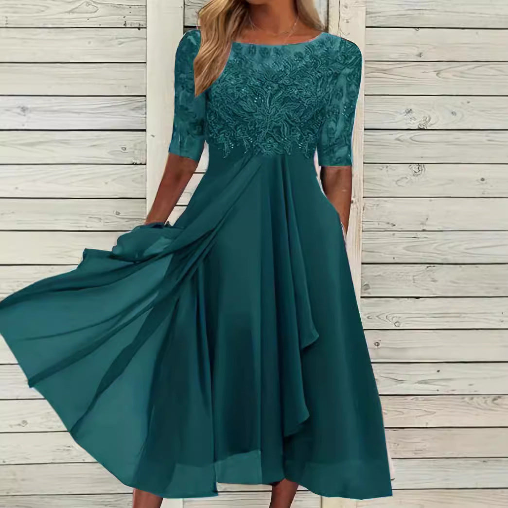 Ladies' elegant cocktail dress with embroidered corset, boat neckline and flowing chiffon skirt Mune Fashion
