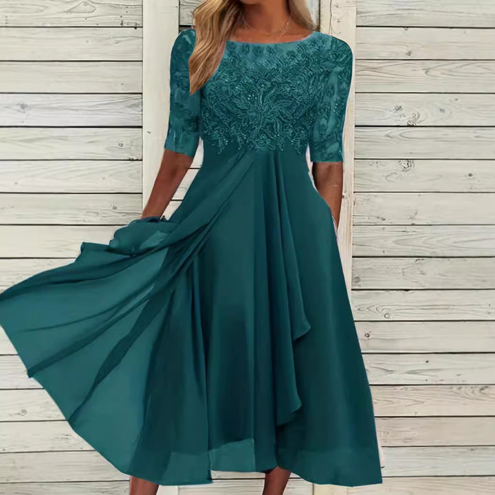 Women's elegant chiffon midi dress with embroidered lace top and three-quarter sleeves Mune Fashion