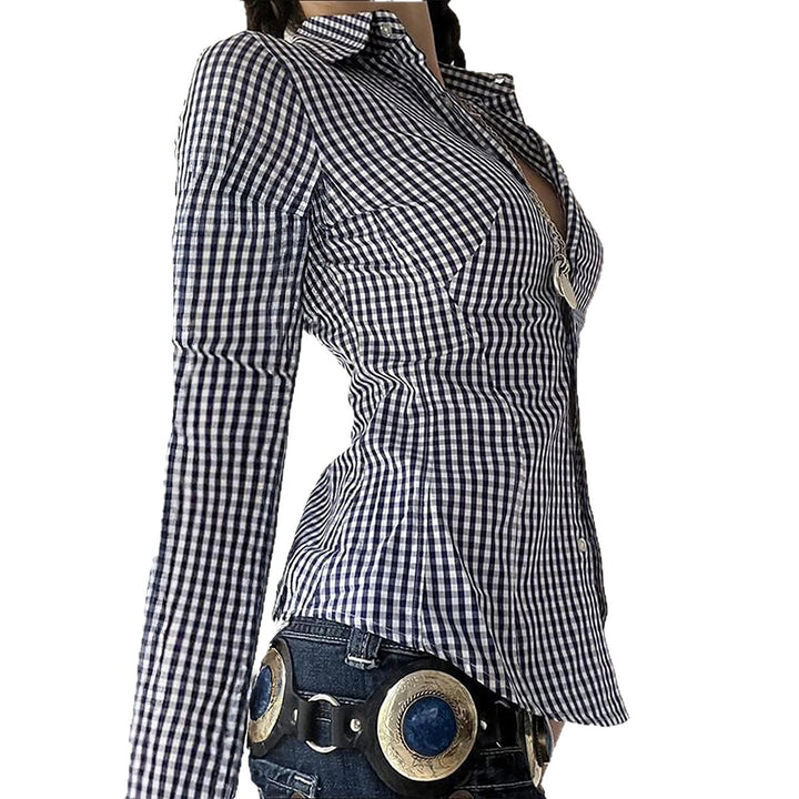 Women's tailored check blouse with collar, continuous button placket and curved hem Mune Fashion