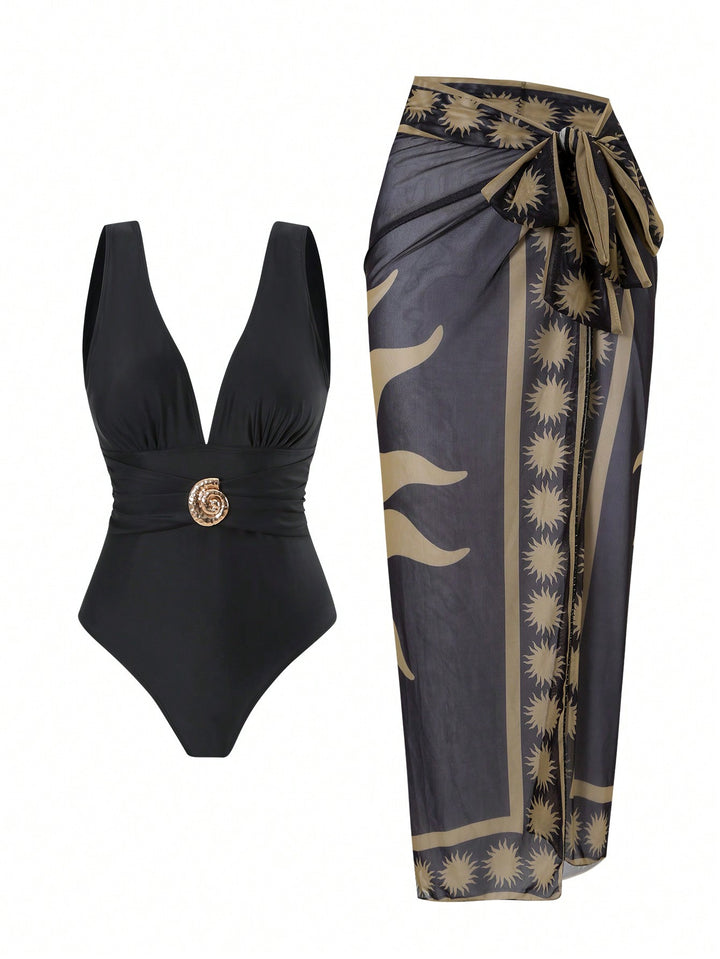 Women's swimsuit with feminine wrap skirt and elegant jewelry detail Mune Fashion