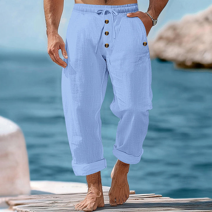 Men's casual breathable linen pants with drawstring button placket and rolled cuffs Mune Fashion
