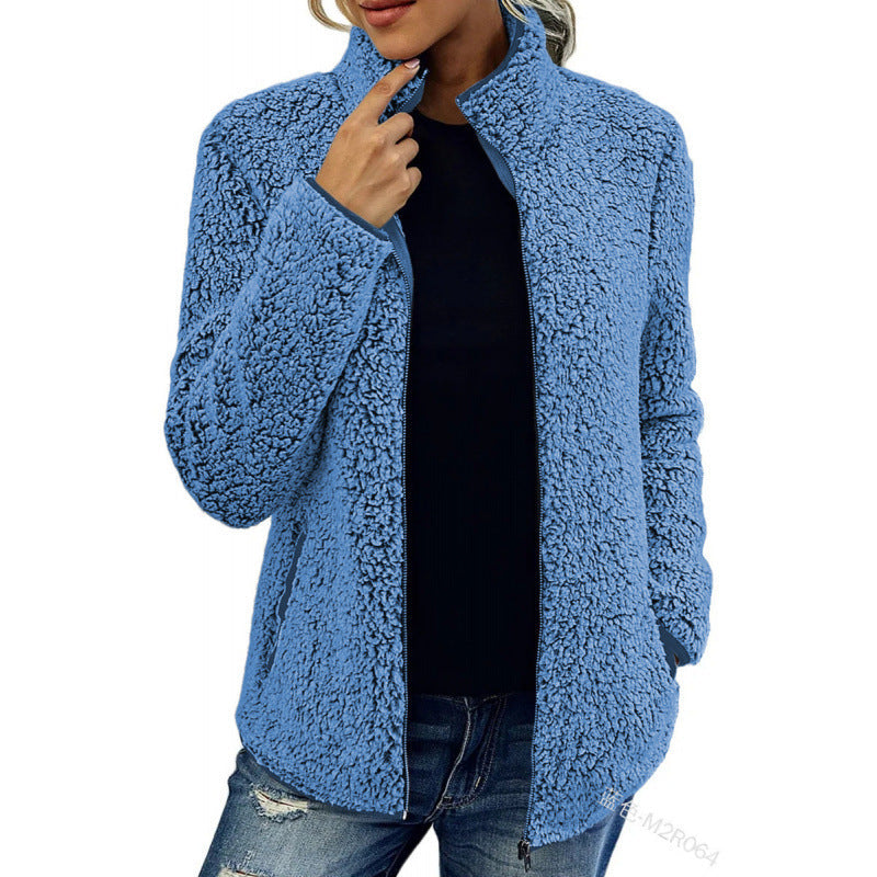 Women's Plush Fleece Jacket with High Collar and Side Pockets Mune