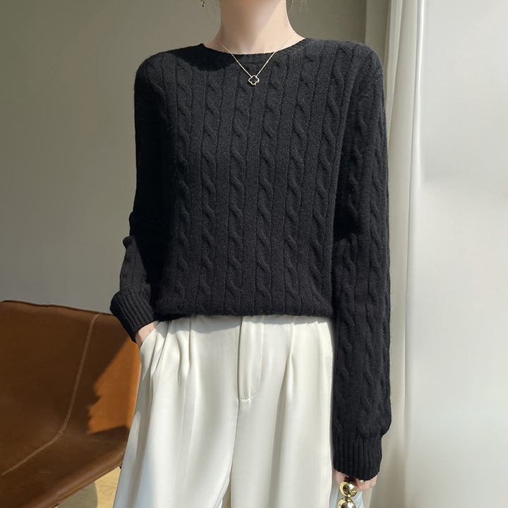 Women's cable knit round neck sweater made of soft wool blend with ribbed cuffs Mune Fashion