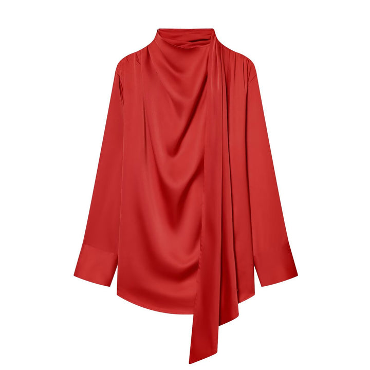 Women's Draped Oversized Blouse with Bow and Stand-up Collar Mune Fashion
