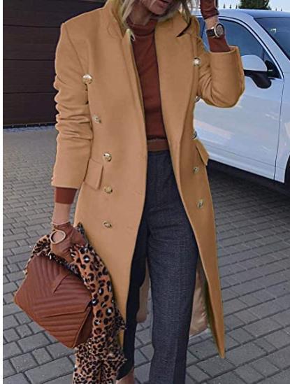 Women tailored double-breasted wool blend coat with gold decorative buttons and knee-length silhouette Mune Fashion