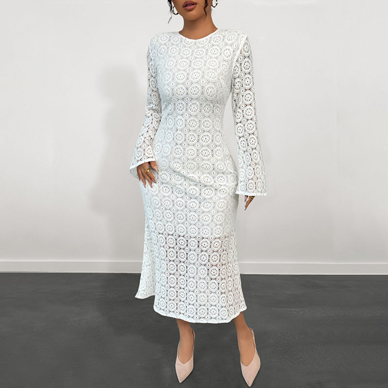 Women Elegant Lace Dress with Flared Sleeves Mune Fashion