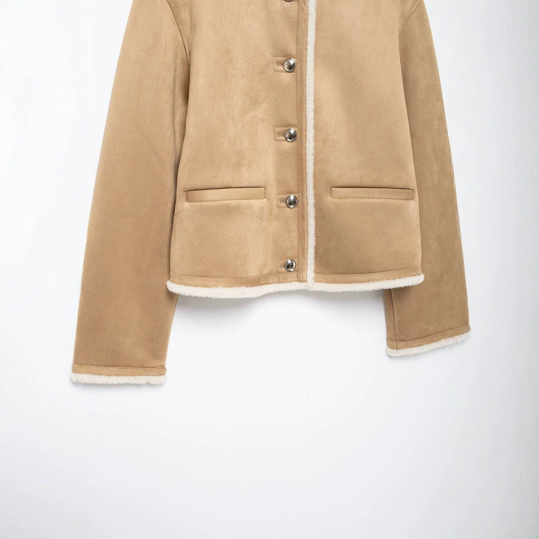 Women's Short Lambskin Look Cardigan Jacket made of Velour Imitation with Round Neck and Snap Buttons Mune Fashion