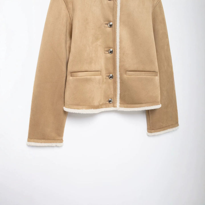 Women's Short Lambskin Look Cardigan Jacket made of Velour Imitation with Round Neck and Snap Buttons Mune Fashion