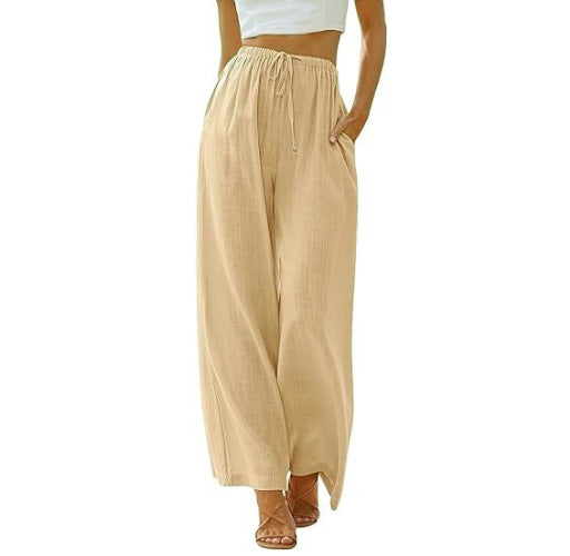 Women's wide linen pants with elastic waistband, drawstring, and side pockets Mune Fashion