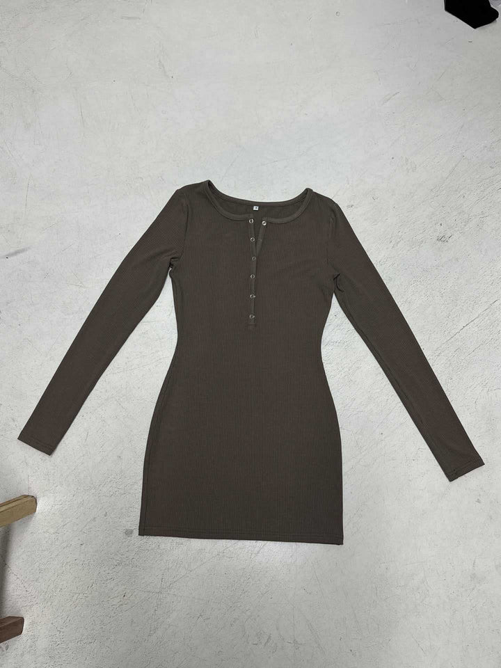 Women's bodycon rib-knit dress with Henley button placket and long sleeves Mune Fashion