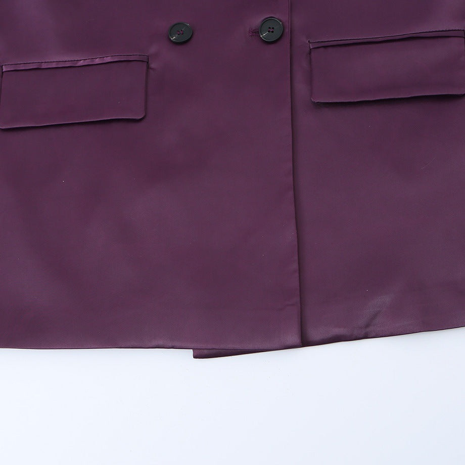 Women's Double-Breasted Satin Blazer with Notched Lapels and Flap Pockets Mune Fashion