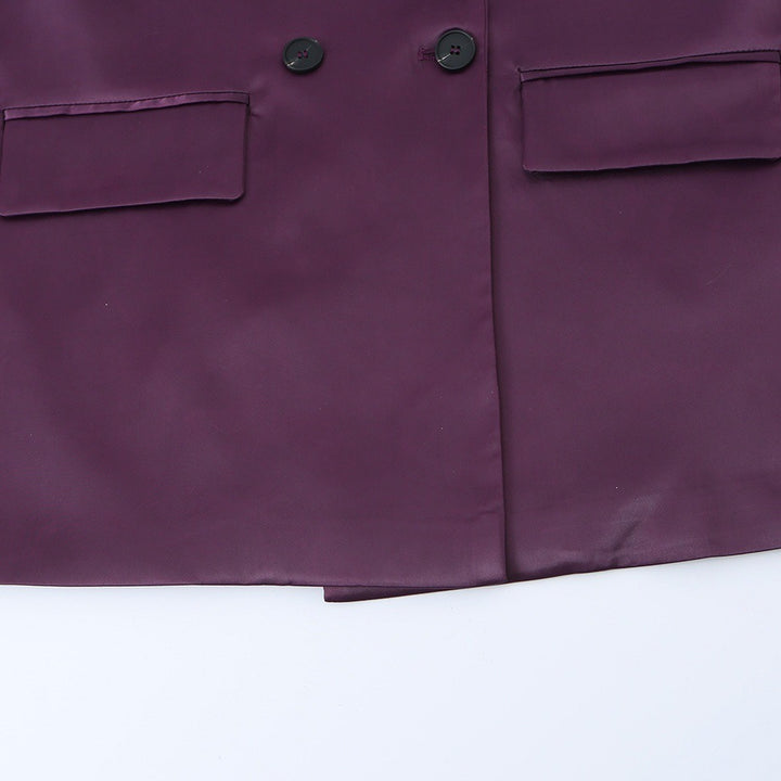 Women's Double-Breasted Satin Blazer with Notched Lapels and Flap Pockets Mune Fashion