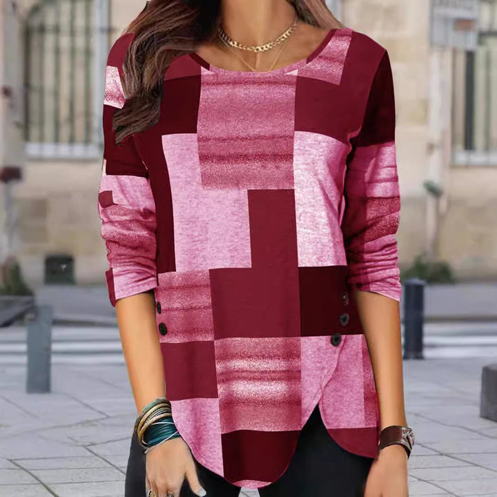 Women Patterned Long Sleeve Tunic Shirt with Asymmetrical Hem and Decorative Button Placket Mune Fashion