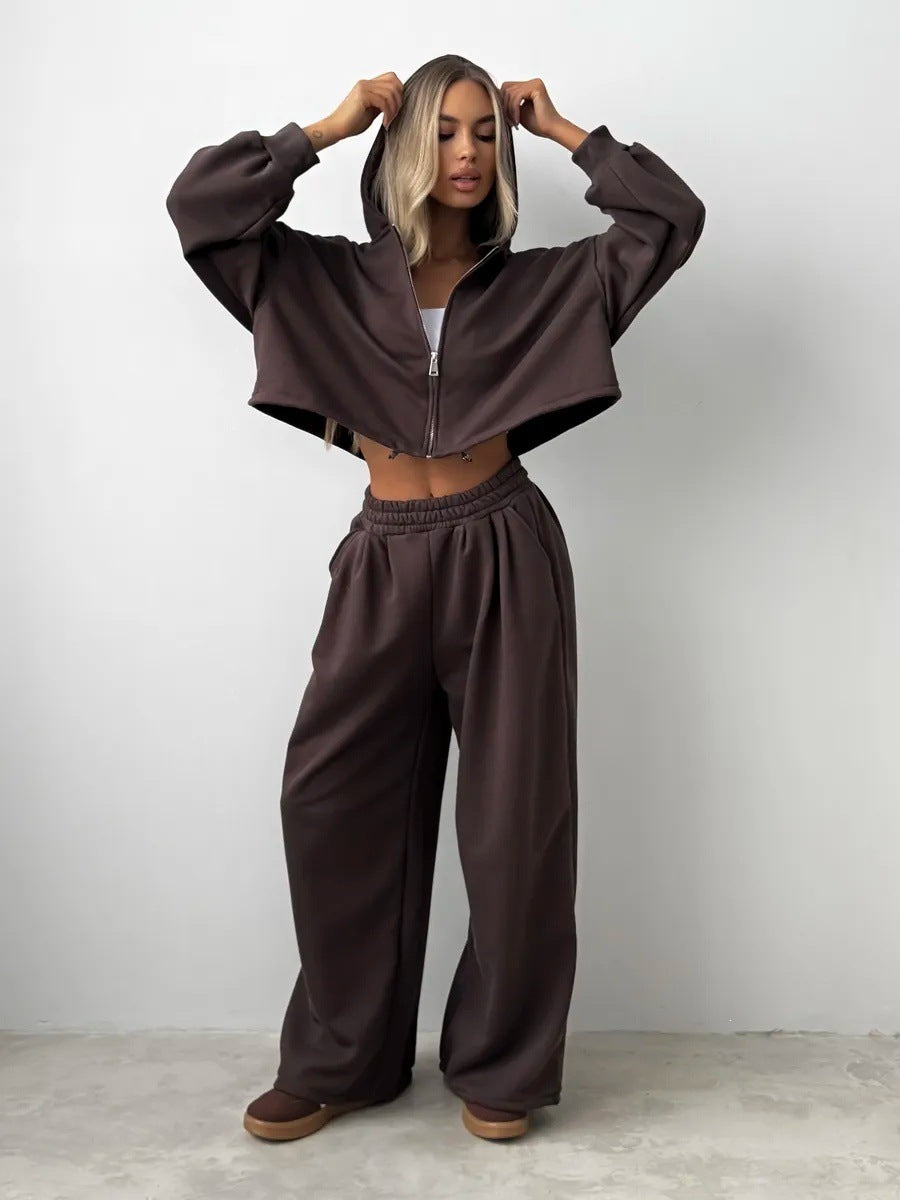 Women's Short Cut Hooded Sweatshirt and Loose Lounge Jogging Pants Set Mune Fashion