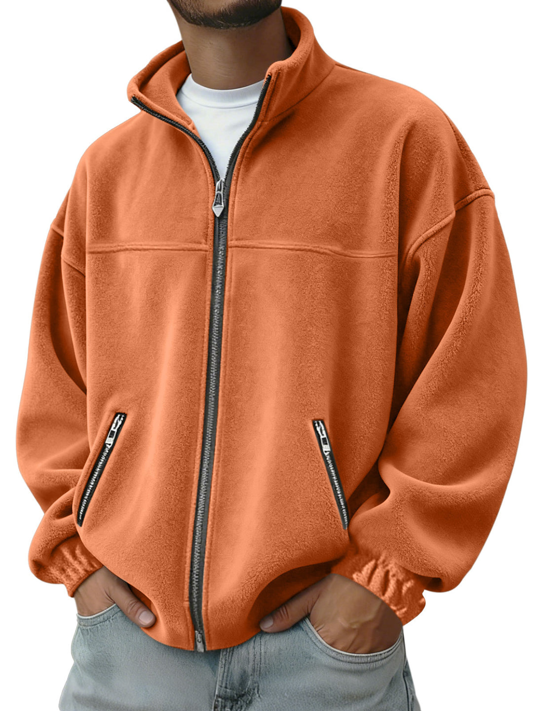 Men's Oversize Fleece Jacket with Stand-Up Collar, Full-Length Zipper and Zip Pockets EB