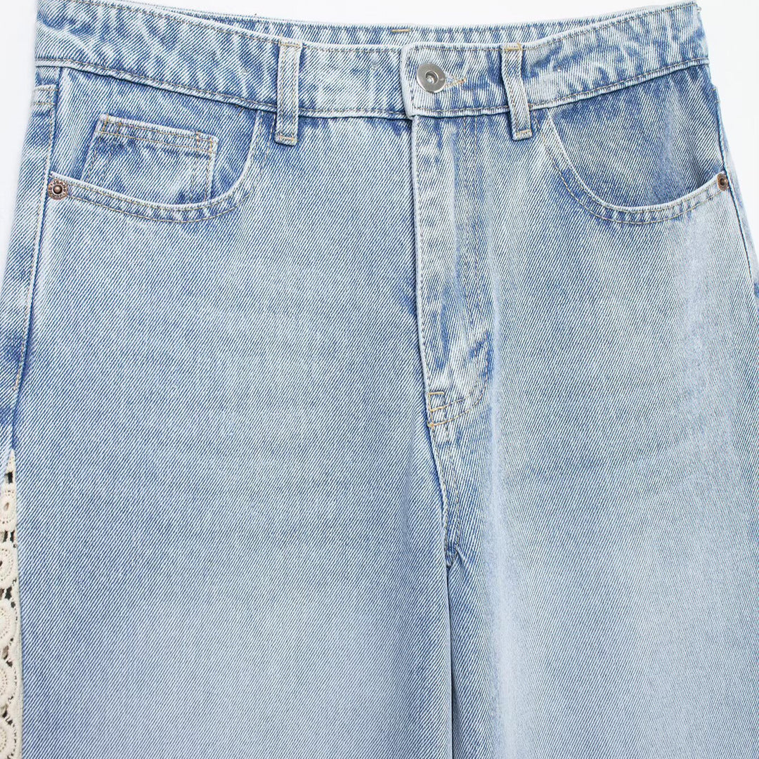 Women's Highwaist Cropped Wide-Leg Jeans with Crochet Lace Side Stripes Mune Fashion