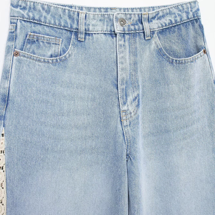 Women's Highwaist Cropped Wide-Leg Jeans with Crochet Lace Side Stripes Mune Fashion