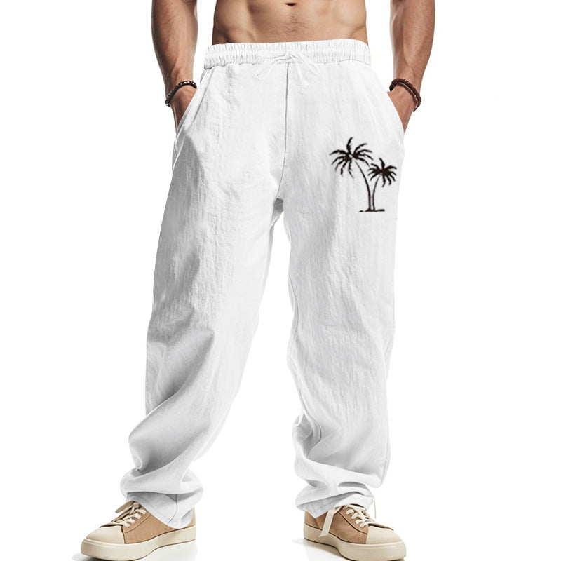 Men's Lightweight Linen-Look Casual Pants with Elastic Waistband, Drawstring & Palm Embroidery Mune Fashion