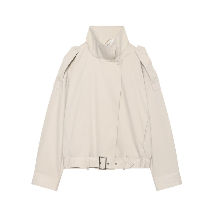 Ladies short cut trench-inspired jacket with high stand-up collar and waist belt Mune Fashion