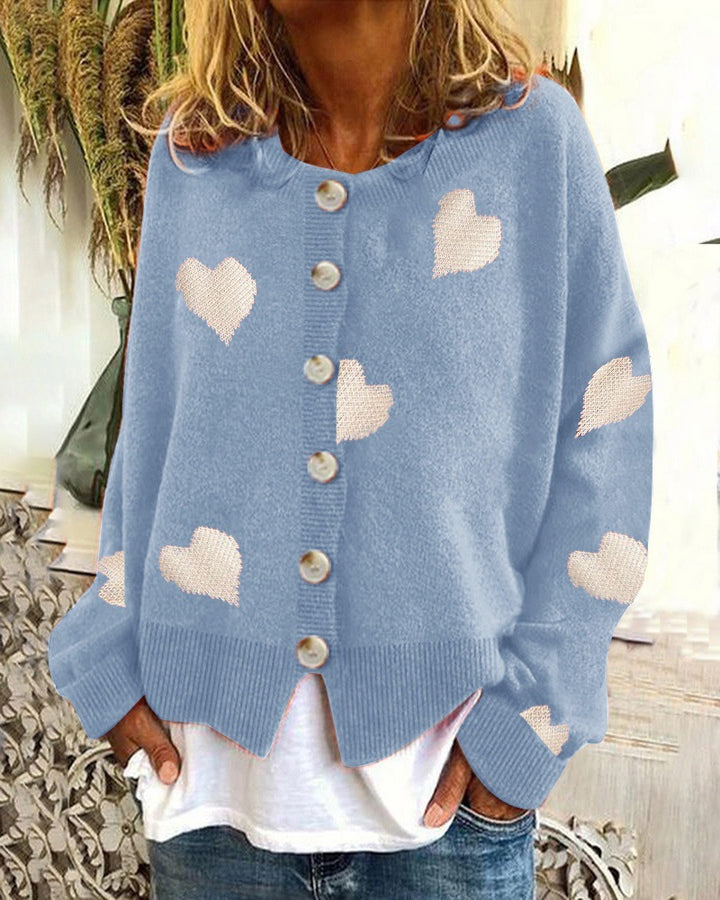 Women Buttoned Oversized Knitted Cardigan with Heart Jacquard and Pearl Buttons Mune Fashion